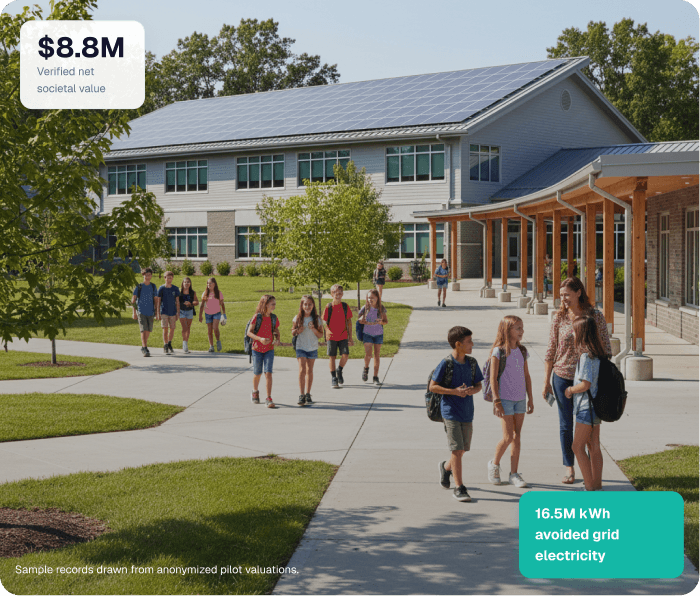 Students and a teacher walking outside a school with a solar-panel roof